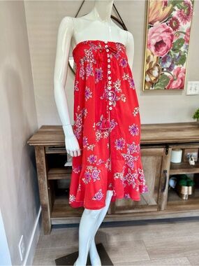 Tiare Hawaii Red Floral Strapless Dress with Purple Accents O/S